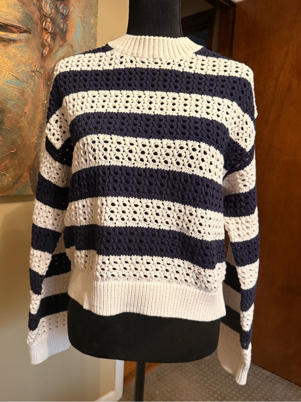 Universal Thread Navy and Cream Striped Open-Knit Sweater